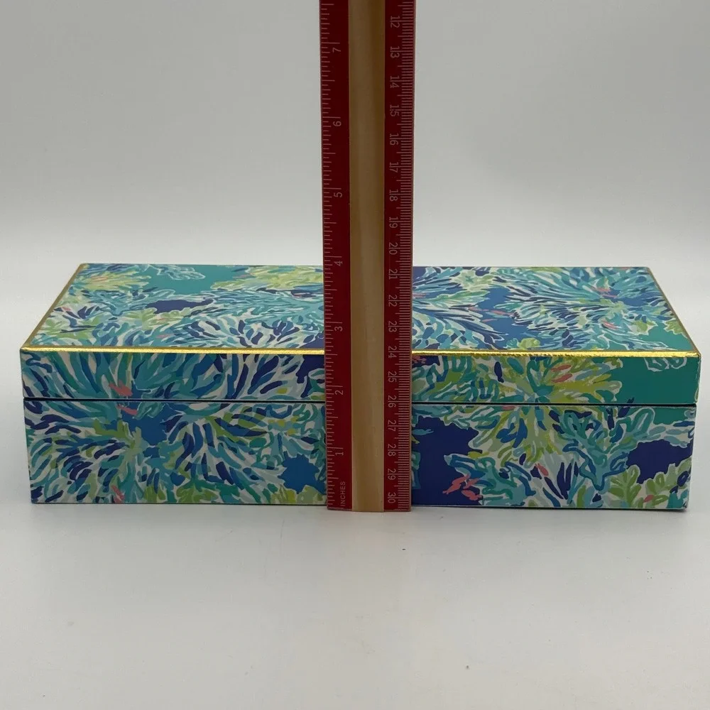 Lilly Pulitzer Lacquer Box Blue Green Floral Keepsake Jewelry Storage Gold Trim